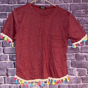 Flika brand burgundy shirt with colored tassels in a size medium.